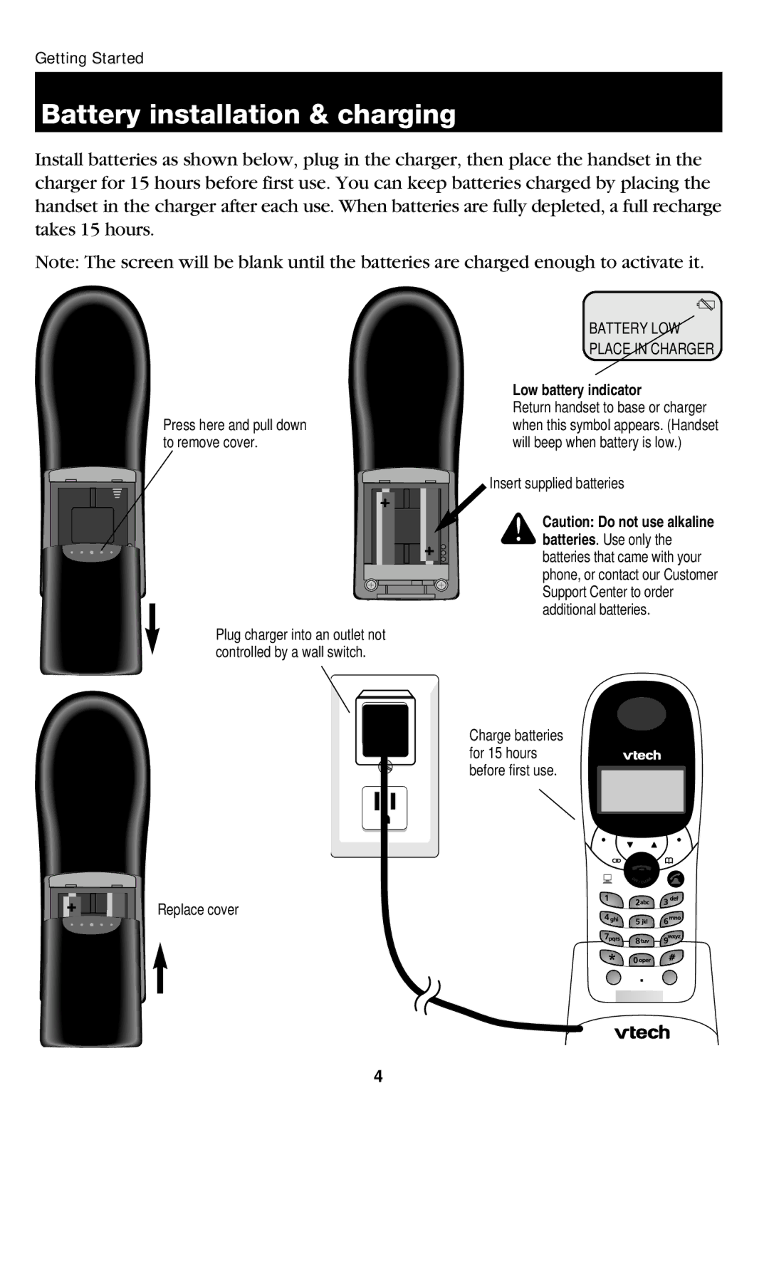 VTech USB7200 manual Battery installation & charging, Low battery indicator 