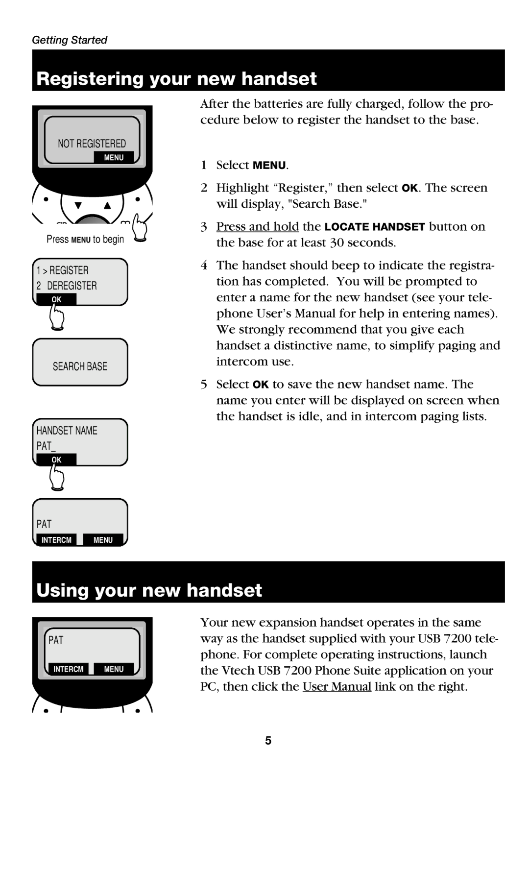 VTech USB7200 manual Registering your new handset, Using your new handset 