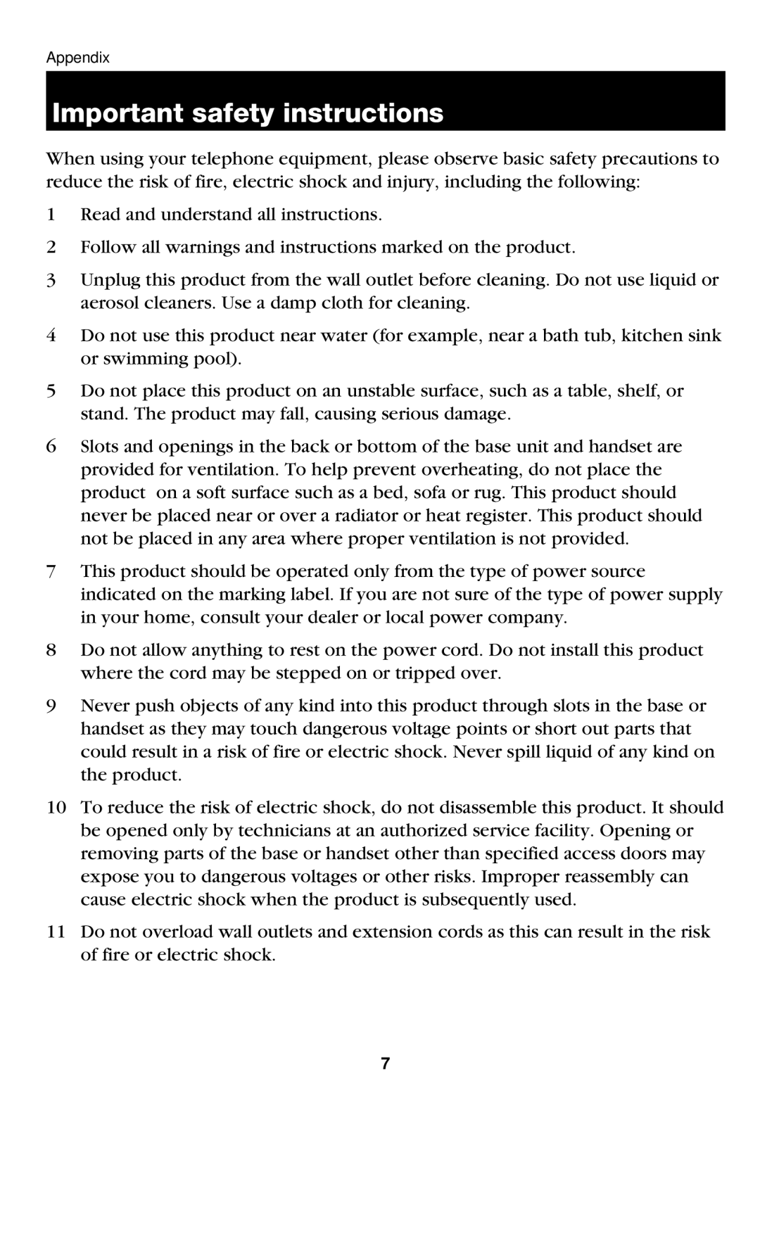 VTech USB7200 manual Important safety instructions 