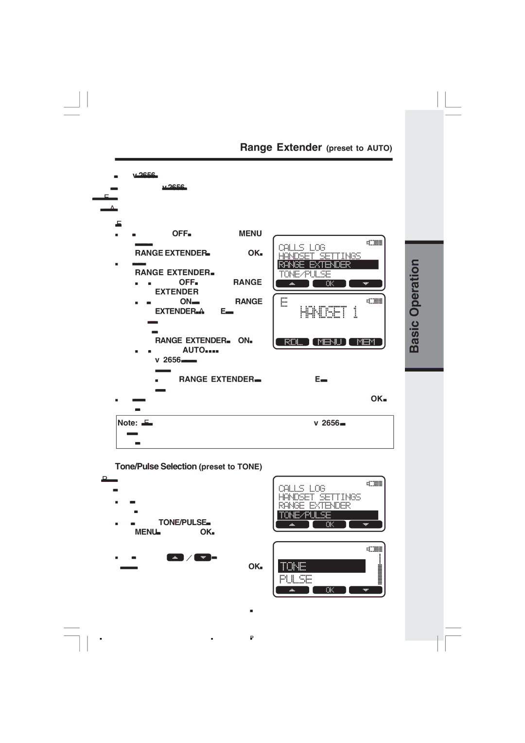 VTech v 2656 Tone/Pulse Selection preset to Tone, Range Extender preset to Auto, Range EXTENDER, then press OK 