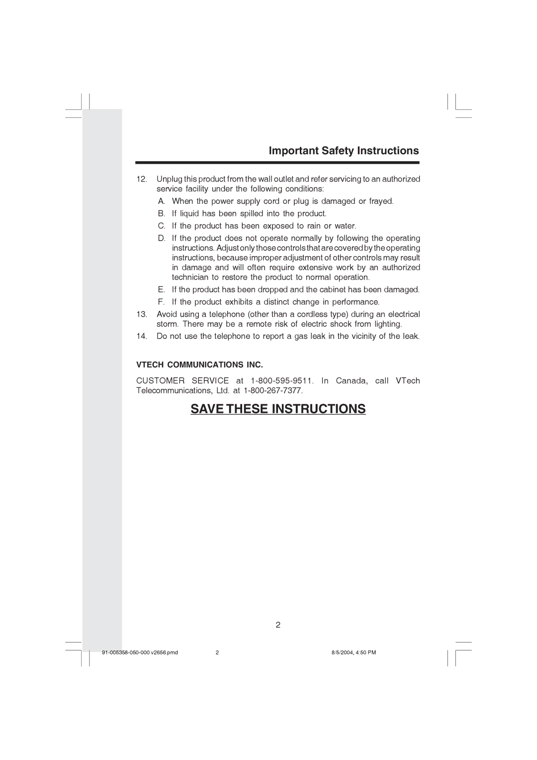 VTech v 2656 important safety instructions Vtech Communications INC 