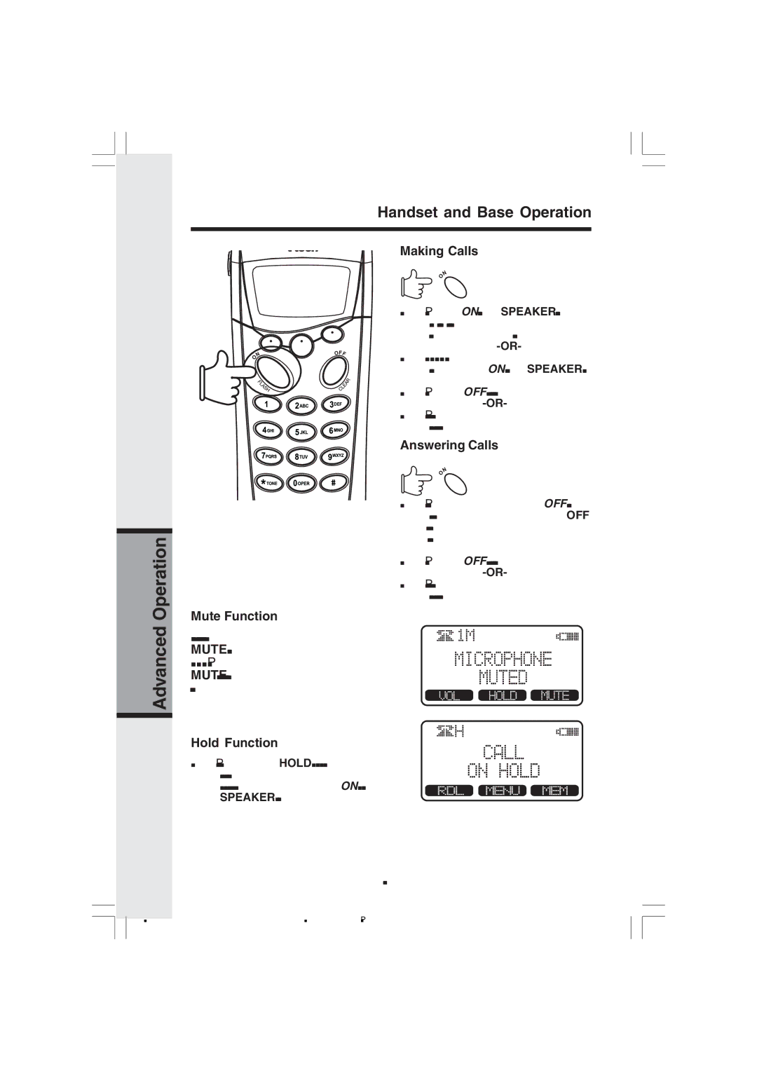 VTech v 2656 Handset and Base Operation, Making Calls, Answering Calls, Mute Function, Hold Function 