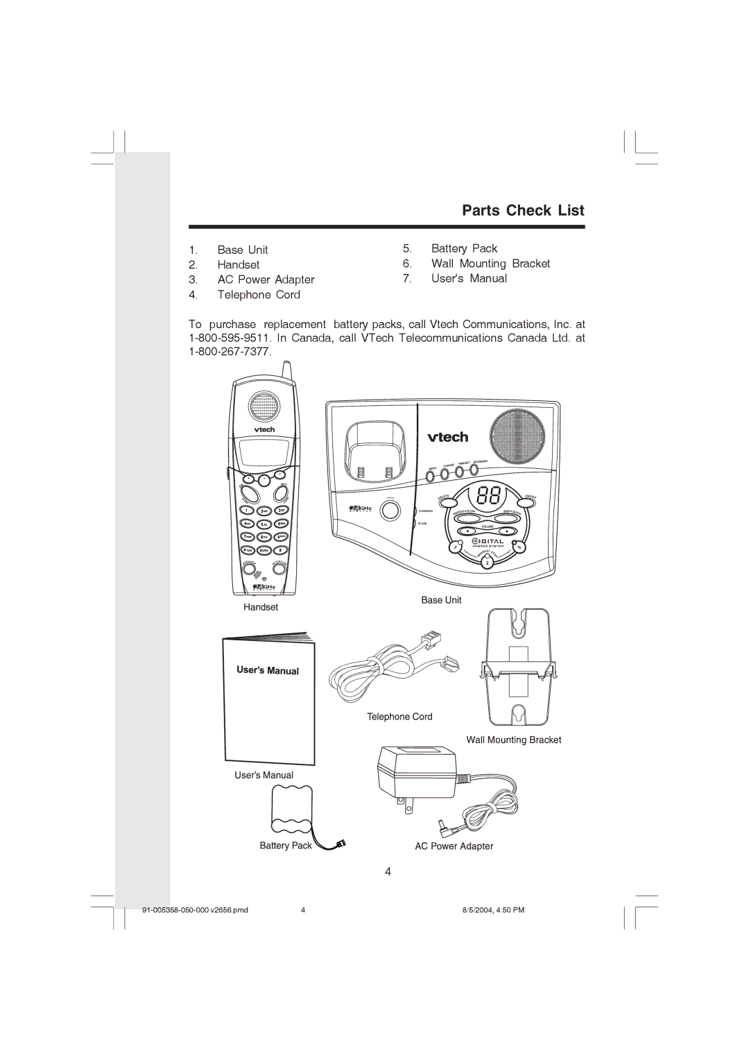 VTech v 2656 important safety instructions Parts Check List 