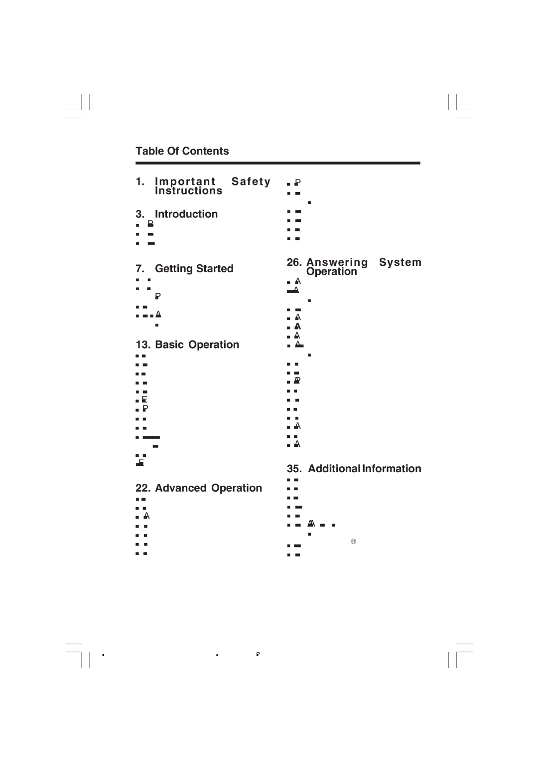 VTech v 2656 Table Of Contents Important Safety Instructions, Getting Started, Basic Operation, Advanced Operation 