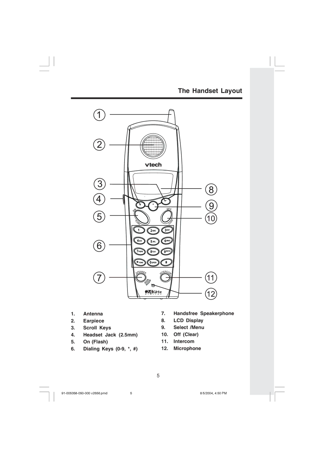 VTech v 2656 important safety instructions Handset Layout 