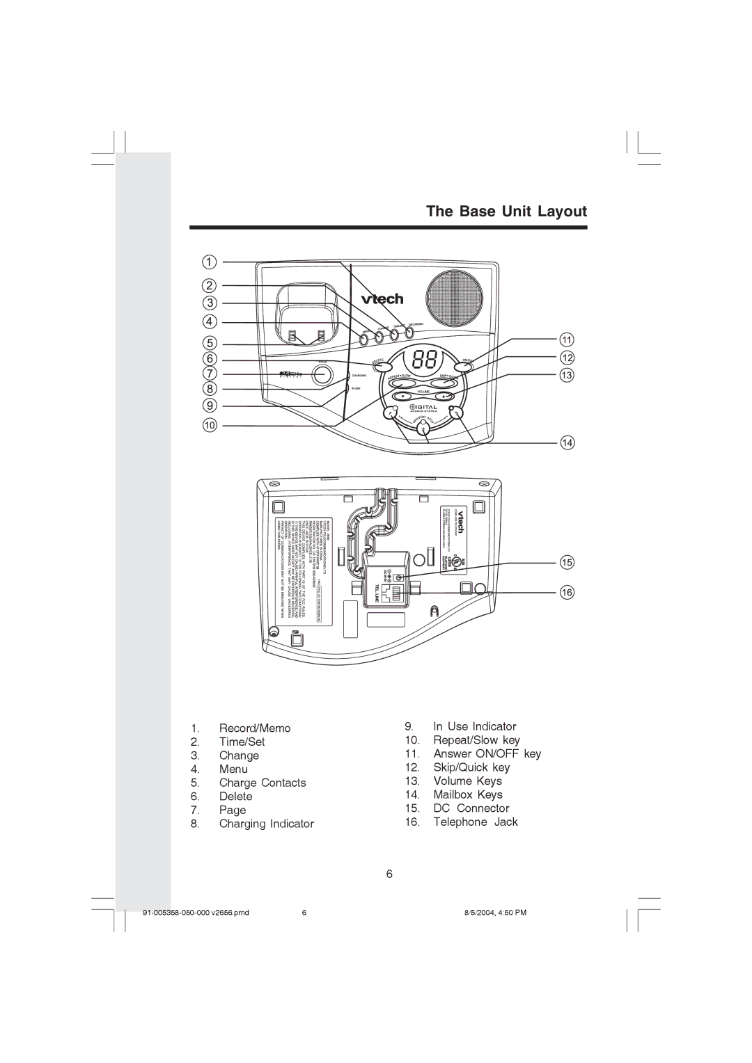 VTech v 2656 important safety instructions Base Unit Layout 