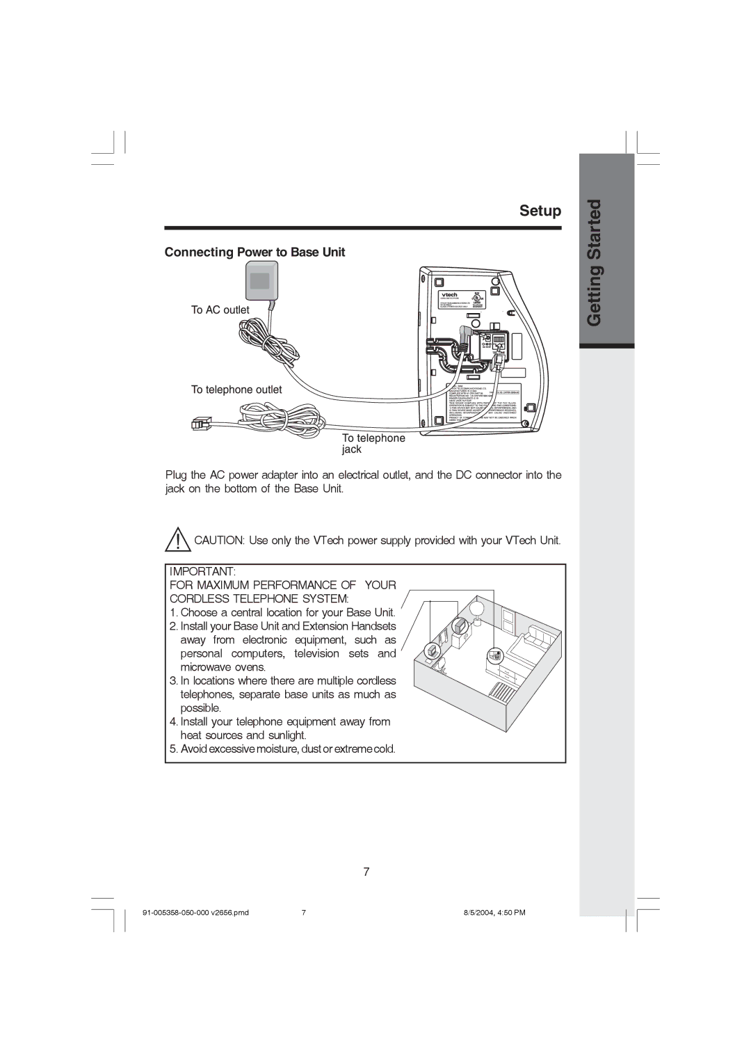 VTech v 2656 important safety instructions Setup, Connecting Power to Base Unit 