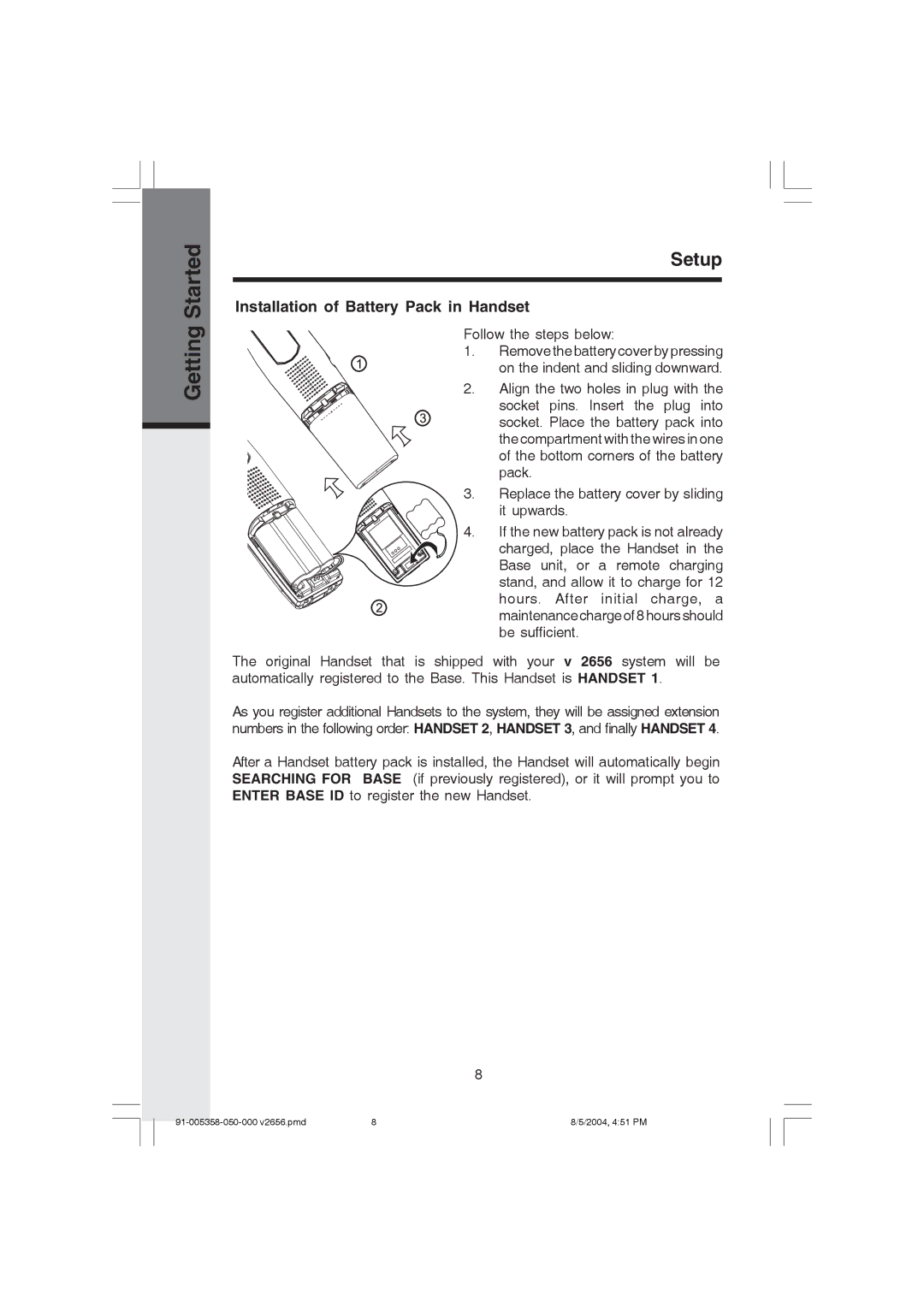 VTech v 2656 important safety instructions Installation of Battery Pack in Handset 