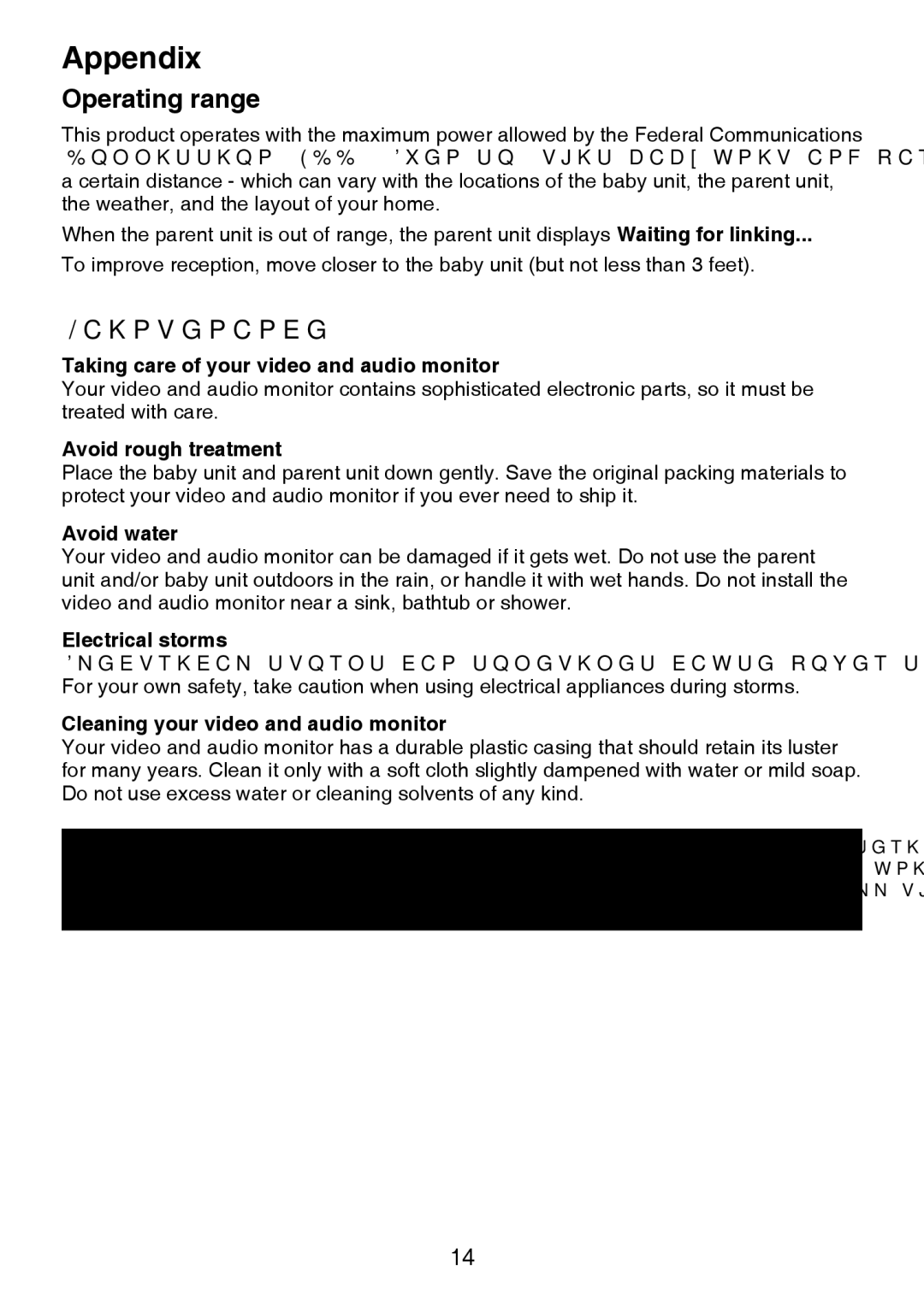 VTech VM301 user manual Appendix, Operating range, Maintenance 