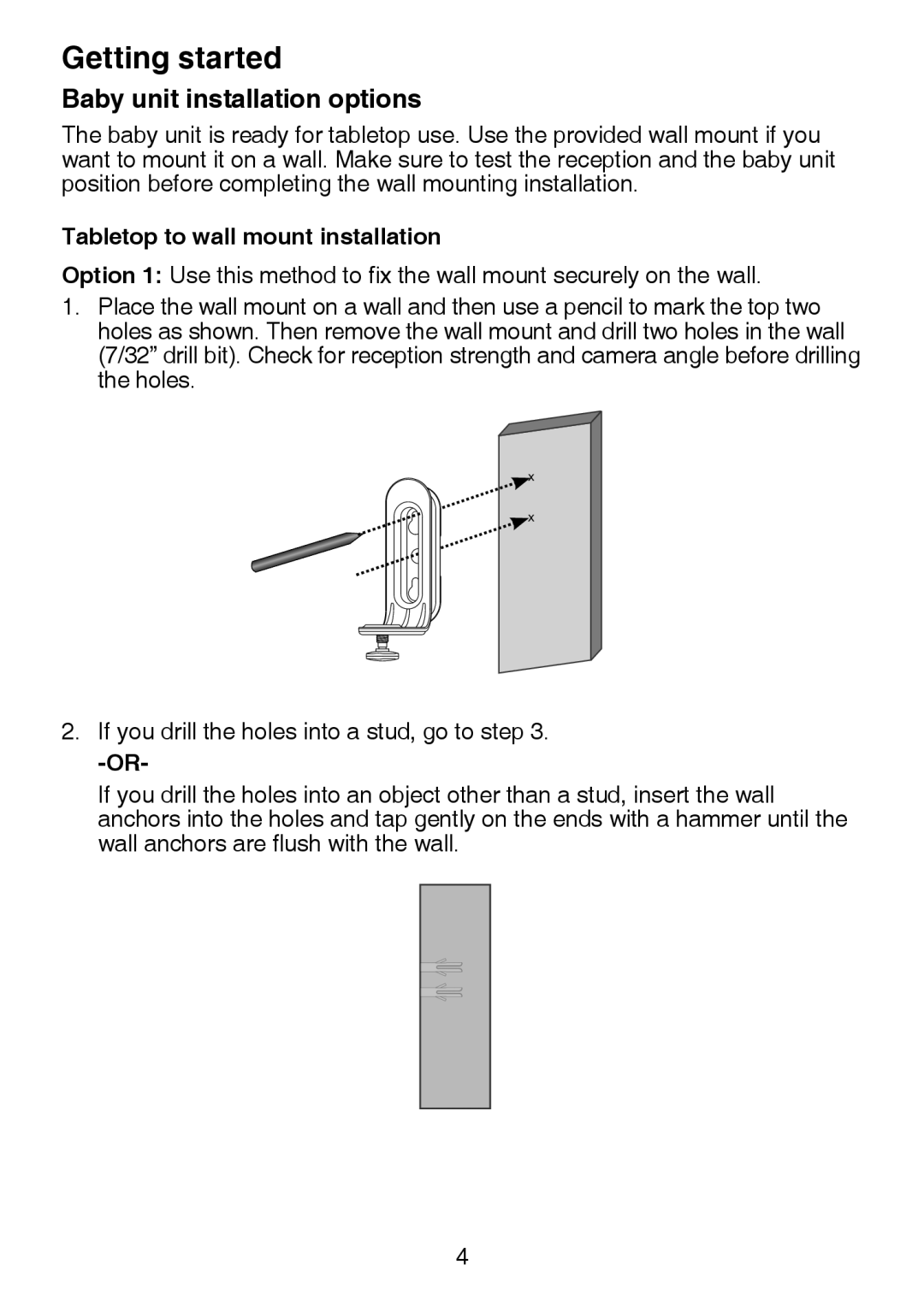 VTech VM301 user manual Baby unit installation options, Tabletop to wall mount installation 