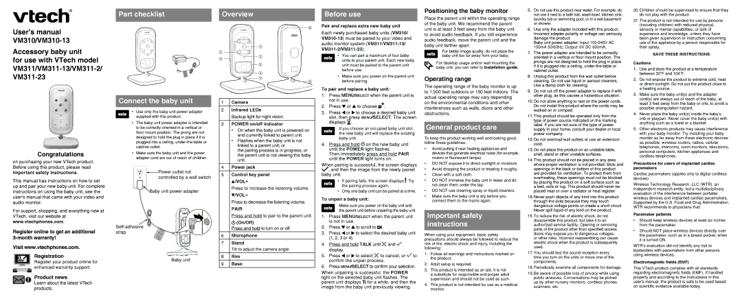 VTech VM310-13 important safety instructions Part checklist Connect the baby unit, Overview, Before use 