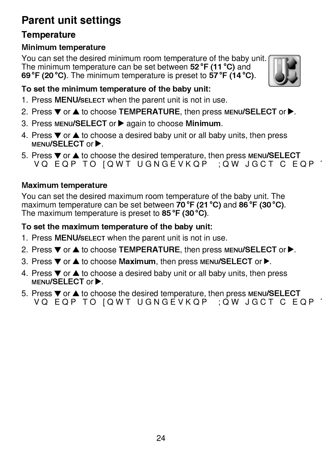 VTech VM321-2 Temperature, Minimum temperature, To set the minimum temperature of the baby unit, Maximum temperature 