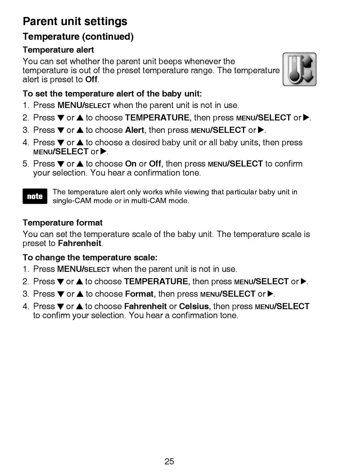 VTech VM321-2 user manual Temperature alert, To set the temperature alert of the baby unit, Temperature format 