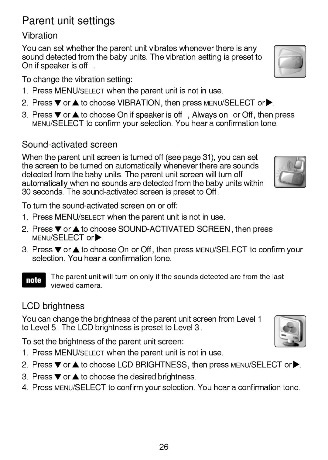 VTech VM321-2 user manual Vibration, Sound-activated screen, LCD brightness 