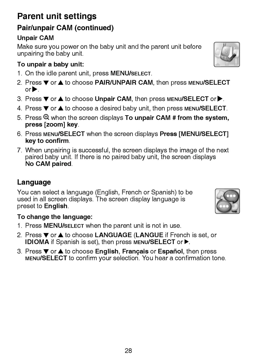 VTech VM321-2 user manual Language, Unpair CAM, To unpair a baby unit, To change the language 