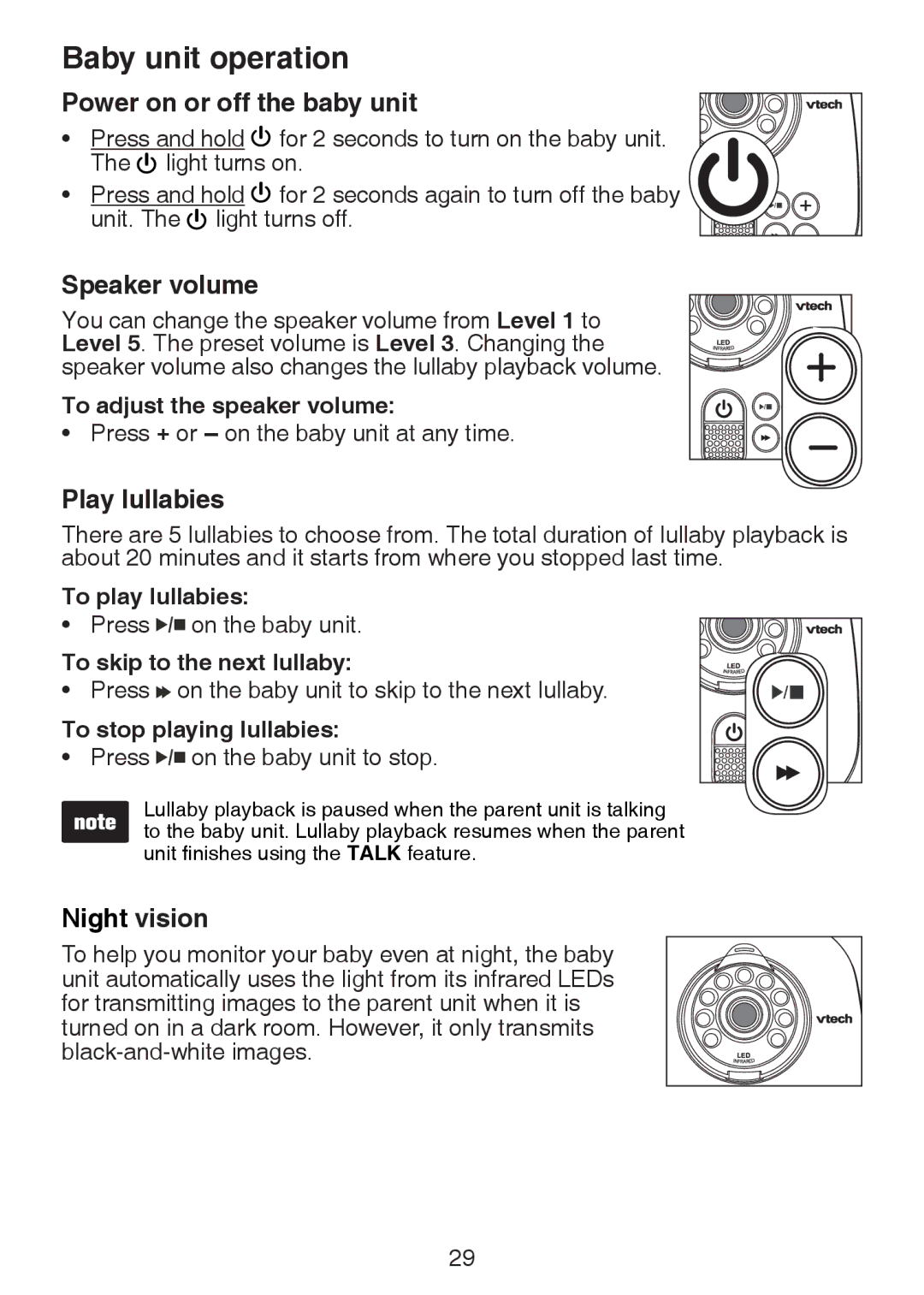 VTech VM321-2 Baby unit operation, Power on or off the baby unit, Speaker volume, Play lullabies, Night vision 