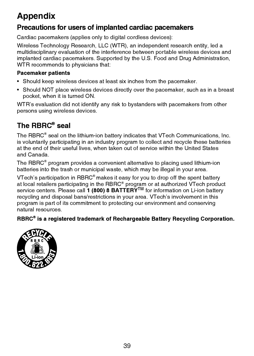 VTech VM321-2 user manual Precautions for users of implanted cardiac pacemakers, Rbrc seal, Pacemaker patients 