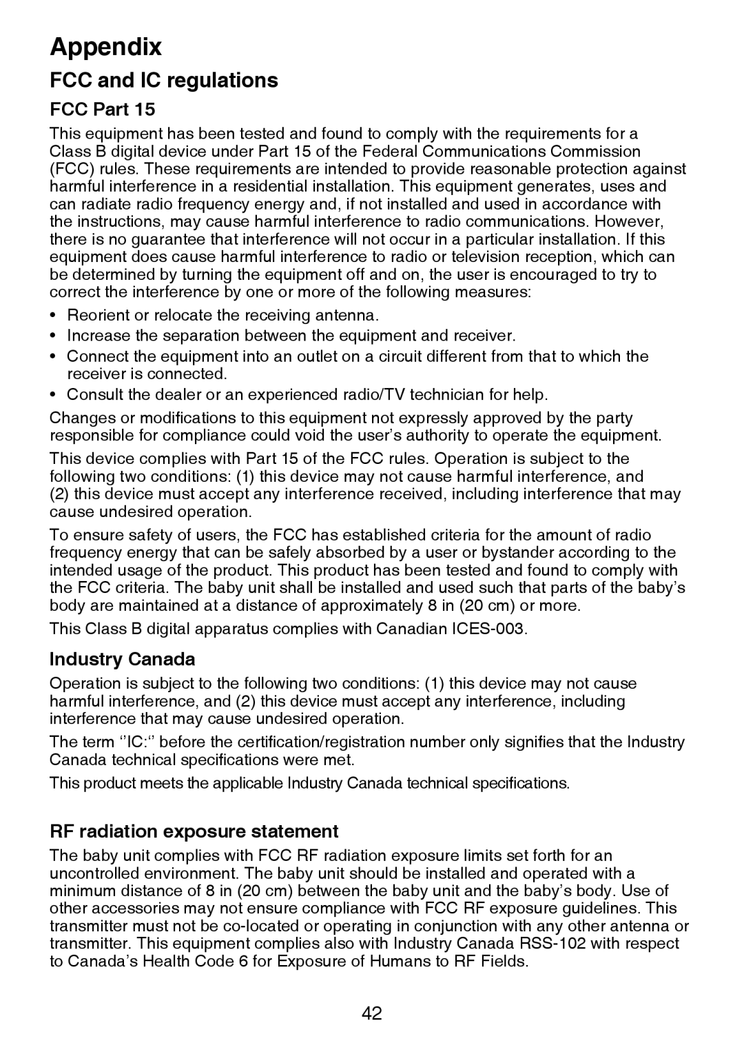 VTech VM321-2 user manual FCC and IC regulations, FCC Part, Industry Canada, RF radiation exposure statement 