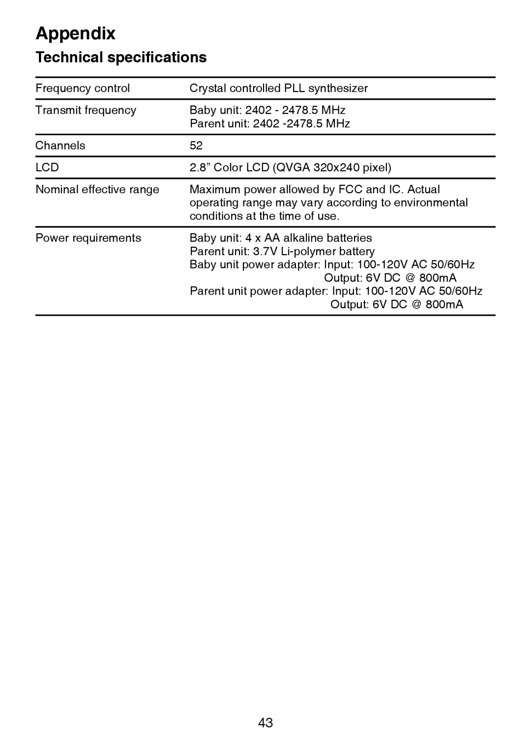 VTech VM321-2 user manual Technical specifications, Lcd 