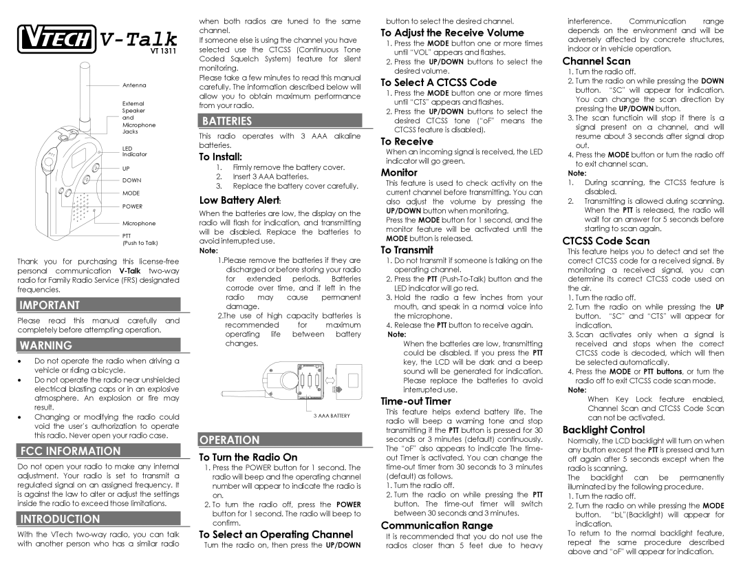 VTech VT 1311 manual FCC Information, Introduction, Batteries, Operation 