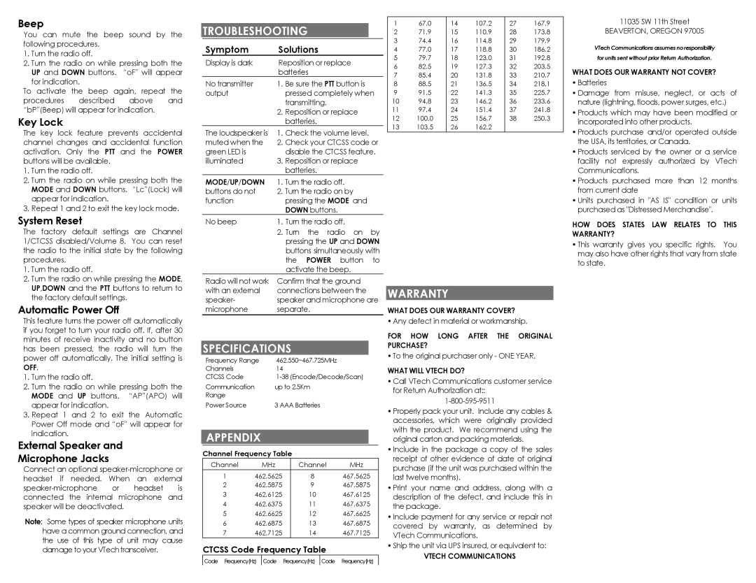 VTech VT 1311 manual Troubleshooting, Specifications, Appendix, Warranty 