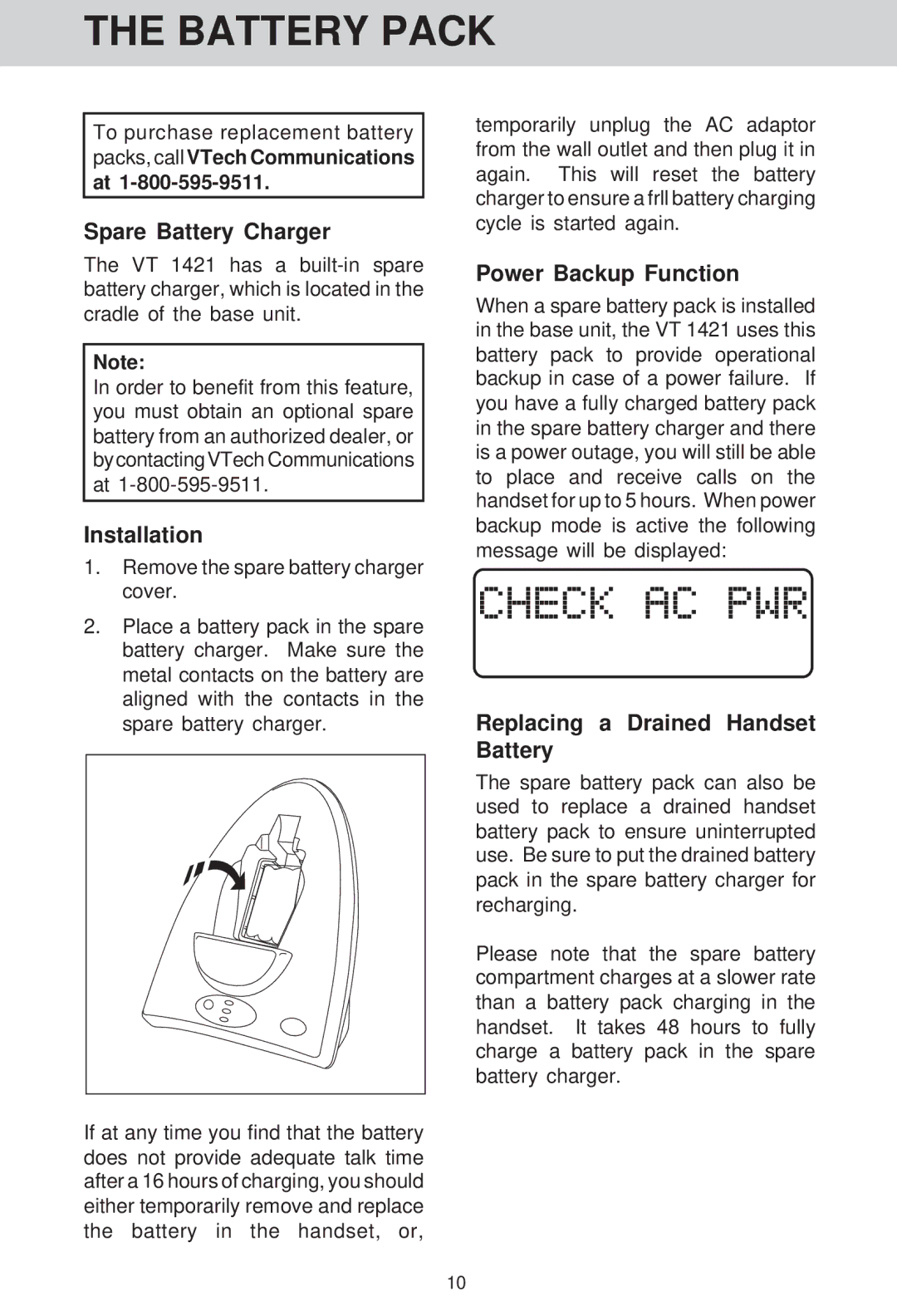 VTech VT 1421 manual Spare Battery Charger, Installation, Power Backup Function, Replacing a Drained Handset Battery 