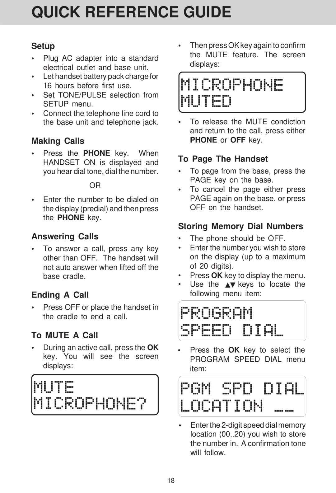 VTech VT 1421 manual Setup, Making Calls, Answering Calls, Ending a Call, To Mute a Call, To Page The Handset 