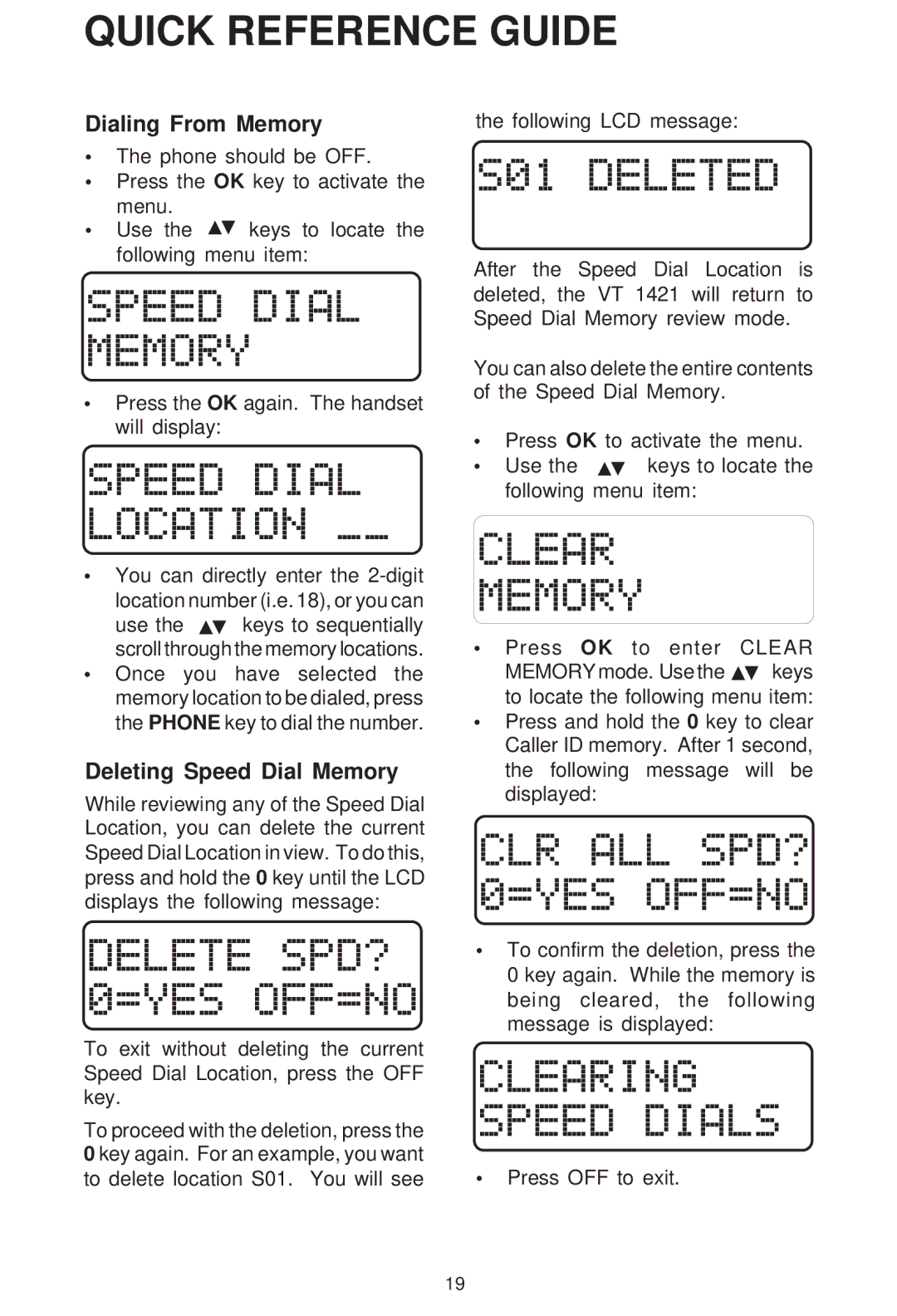 VTech VT 1421 manual Dialing From Memory, Deleting Speed Dial Memory 