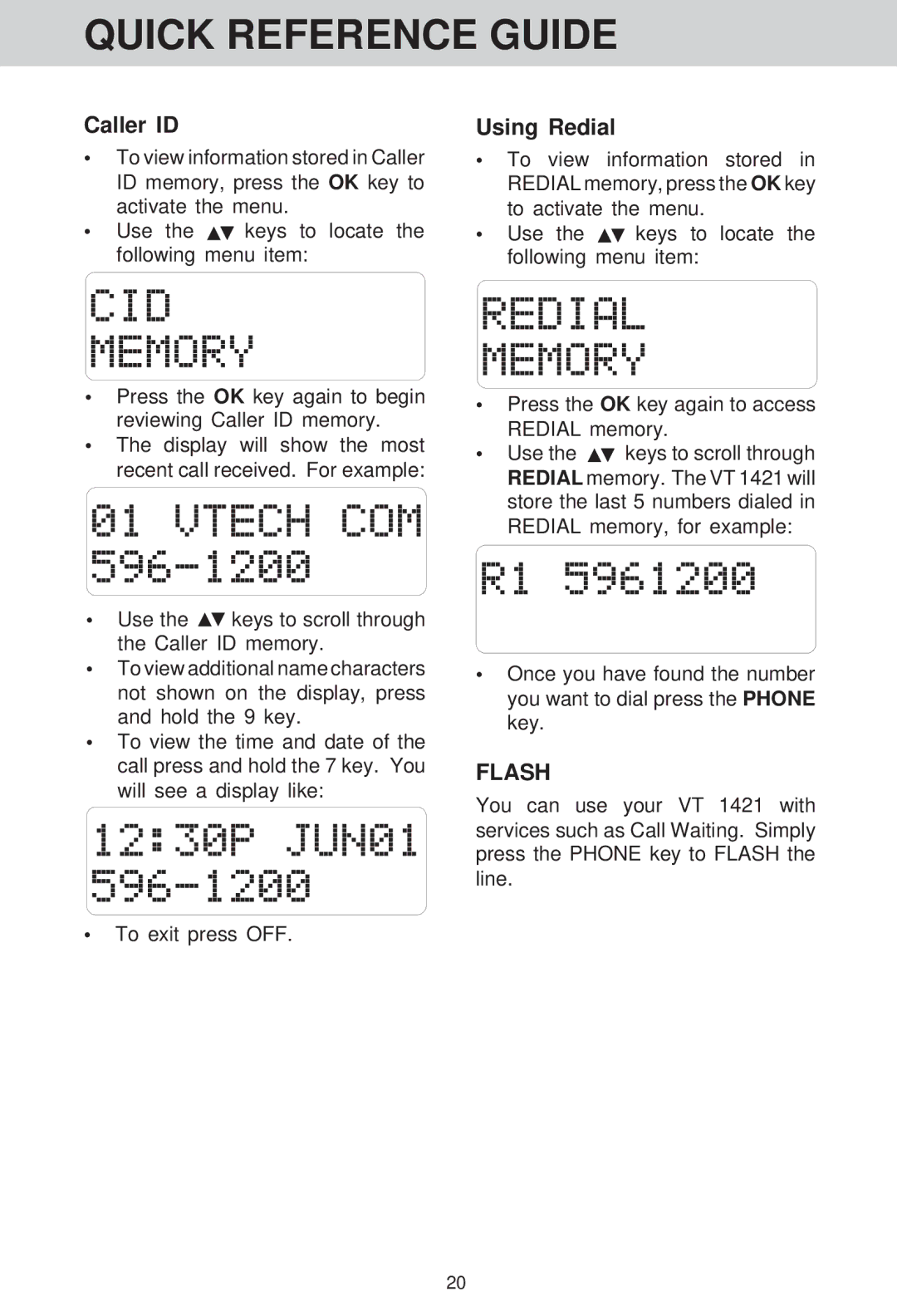 VTech VT 1421 manual Caller ID, Using Redial 