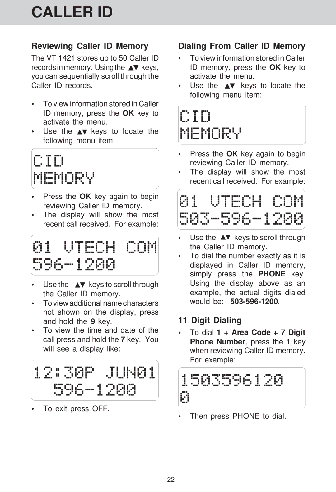 VTech VT 1421 manual Reviewing Caller ID Memory, Dialing From Caller ID Memory, Digit Dialing 