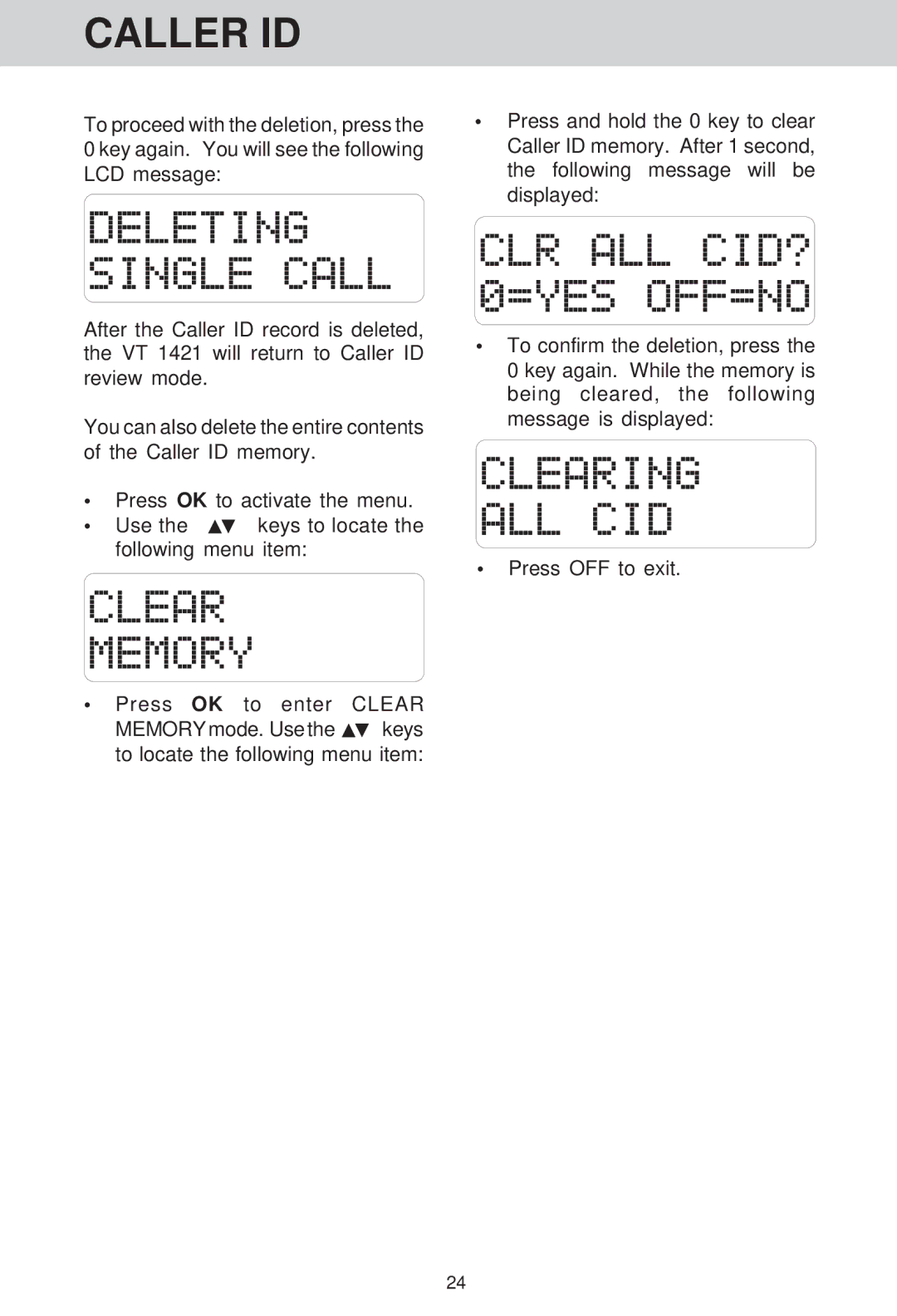 VTech VT 1421 manual Caller ID 