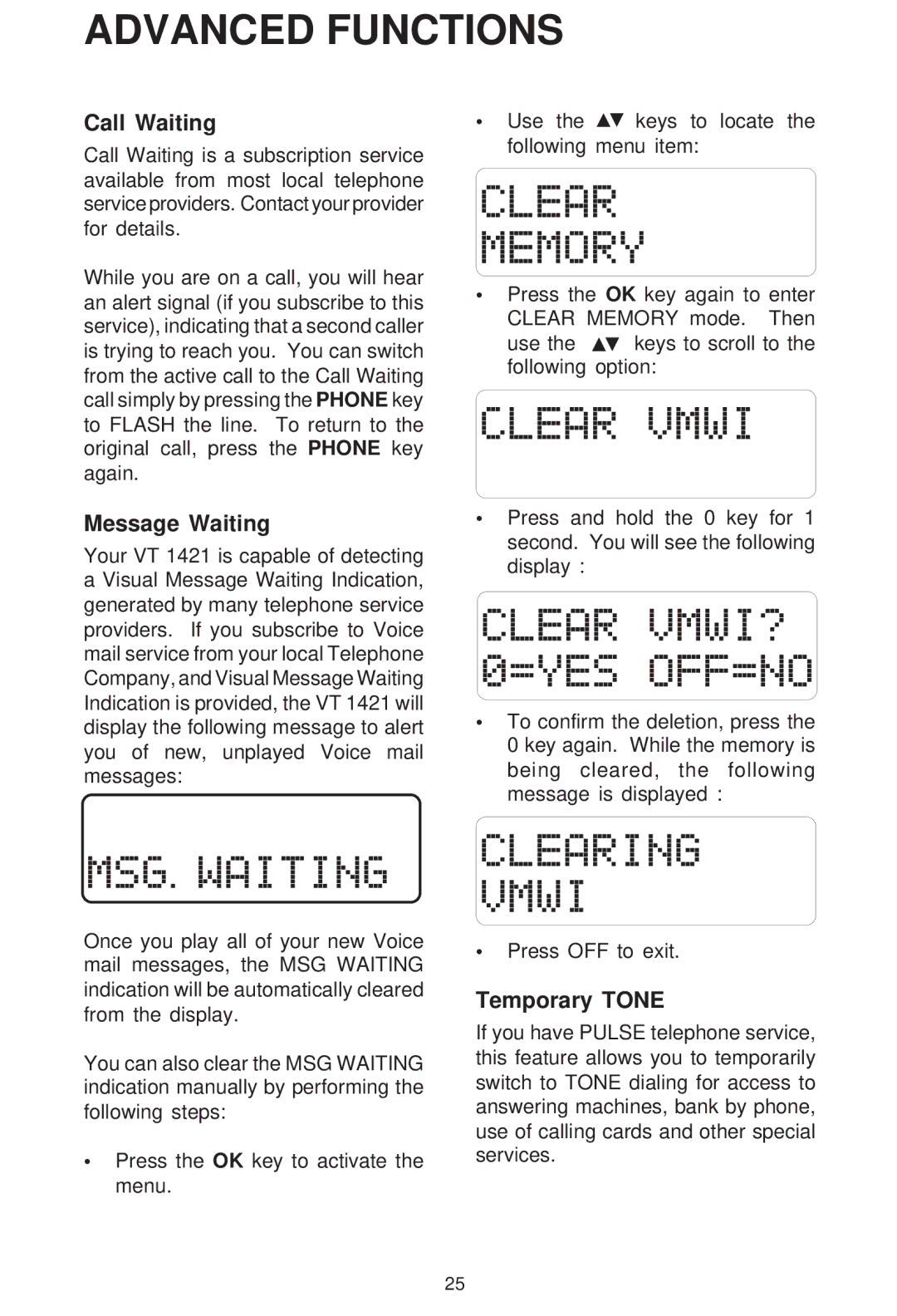 VTech VT 1421 manual Advanced Functions, Call Waiting, Message Waiting, Temporary Tone 