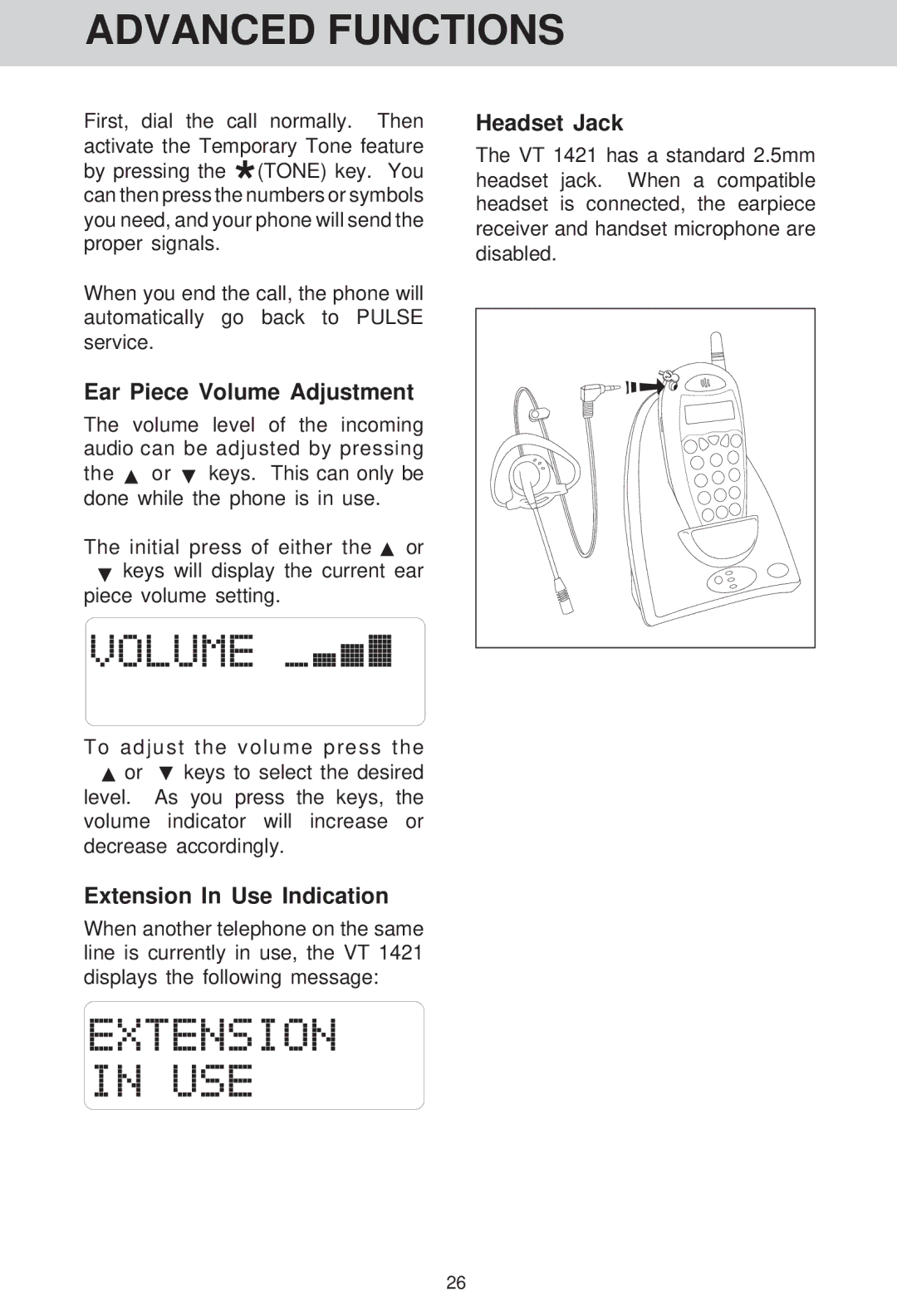 VTech VT 1421 manual Ear Piece Volume Adjustment, Extension In Use Indication, Headset Jack 