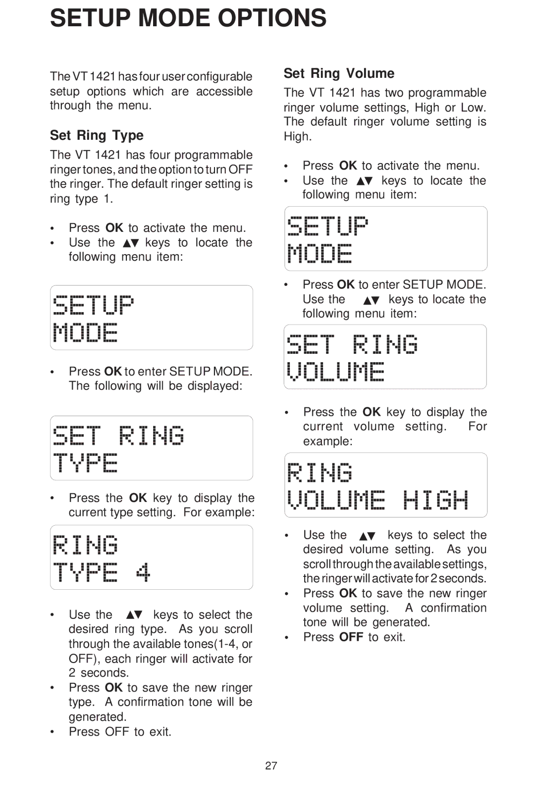 VTech VT 1421 manual Setup Mode Options, Set Ring Type, Set Ring Volume 