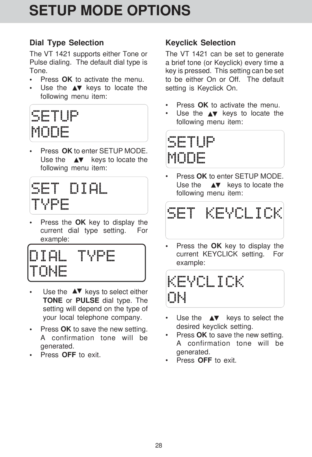 VTech VT 1421 manual Dial Type Selection, Keyclick Selection 