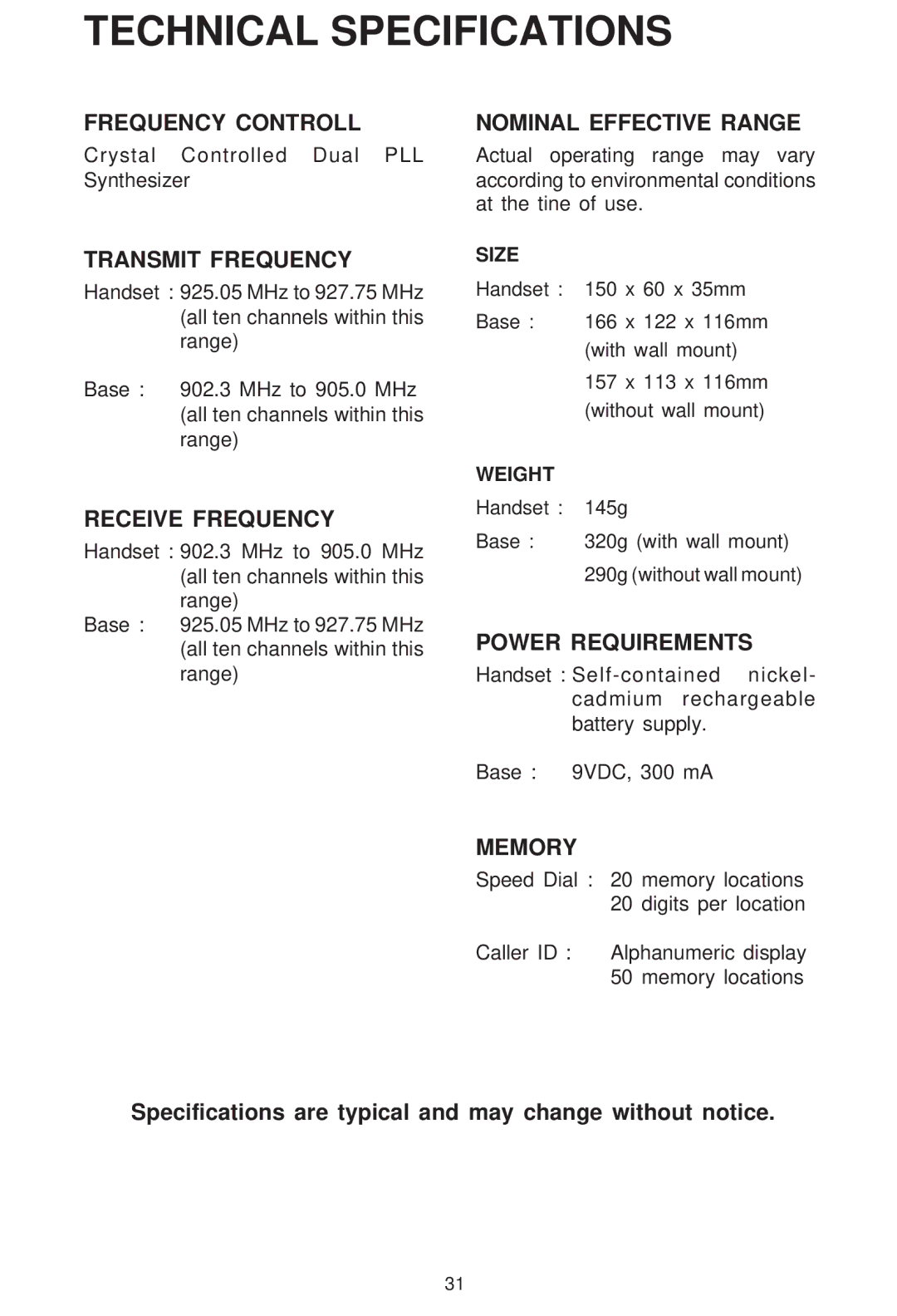 VTech VT 1421 manual Technical Specifications, Specifications are typical and may change without notice 