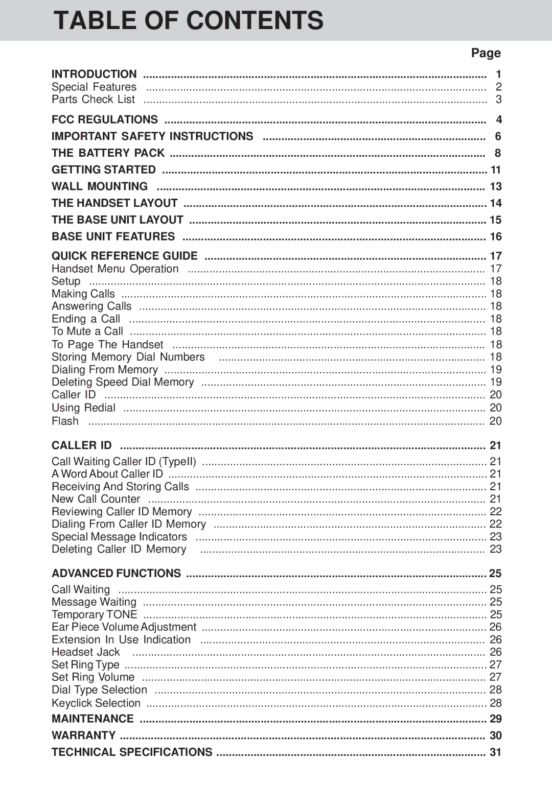 VTech VT 1421 manual Table of Contents 