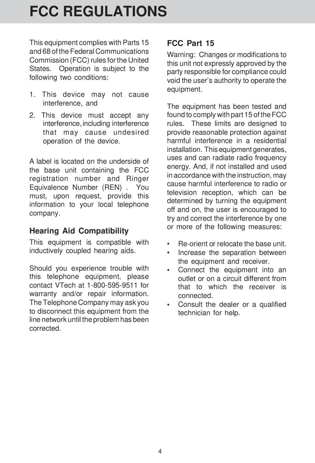 VTech VT 1421 manual FCC Regulations, Hearing Aid Compatibility, FCC Part 