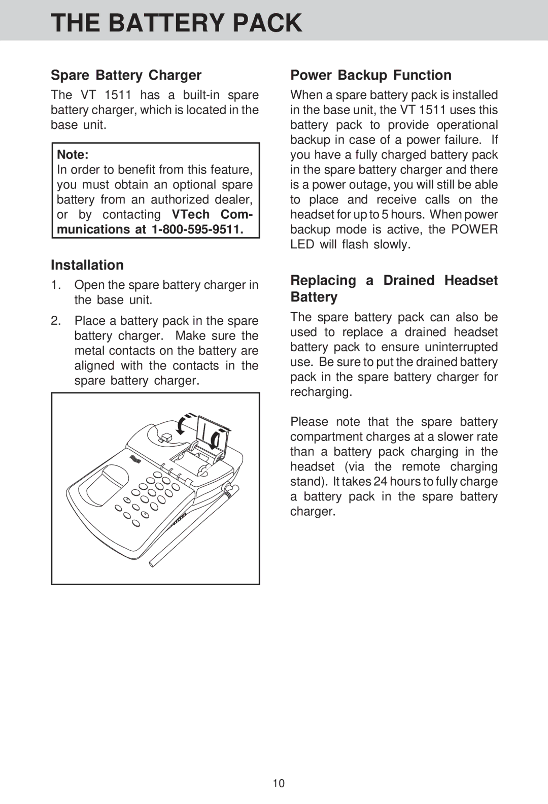 VTech VT 1511 manual Spare Battery Charger, Installation, Power Backup Function, Replacing a Drained Headset Battery 