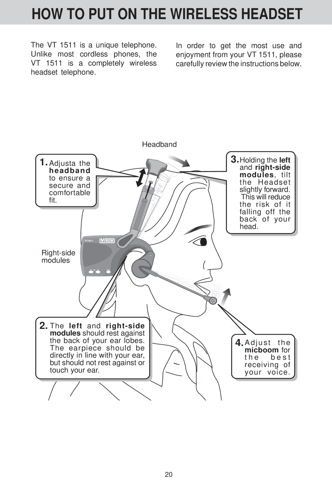 VTech VT 1511 manual HOW to PUT on the Wireless Headset 