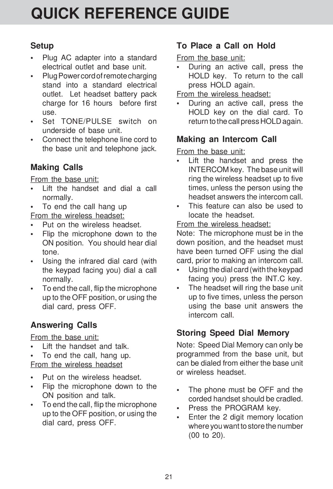 VTech VT 1511 manual Quick Reference Guide 