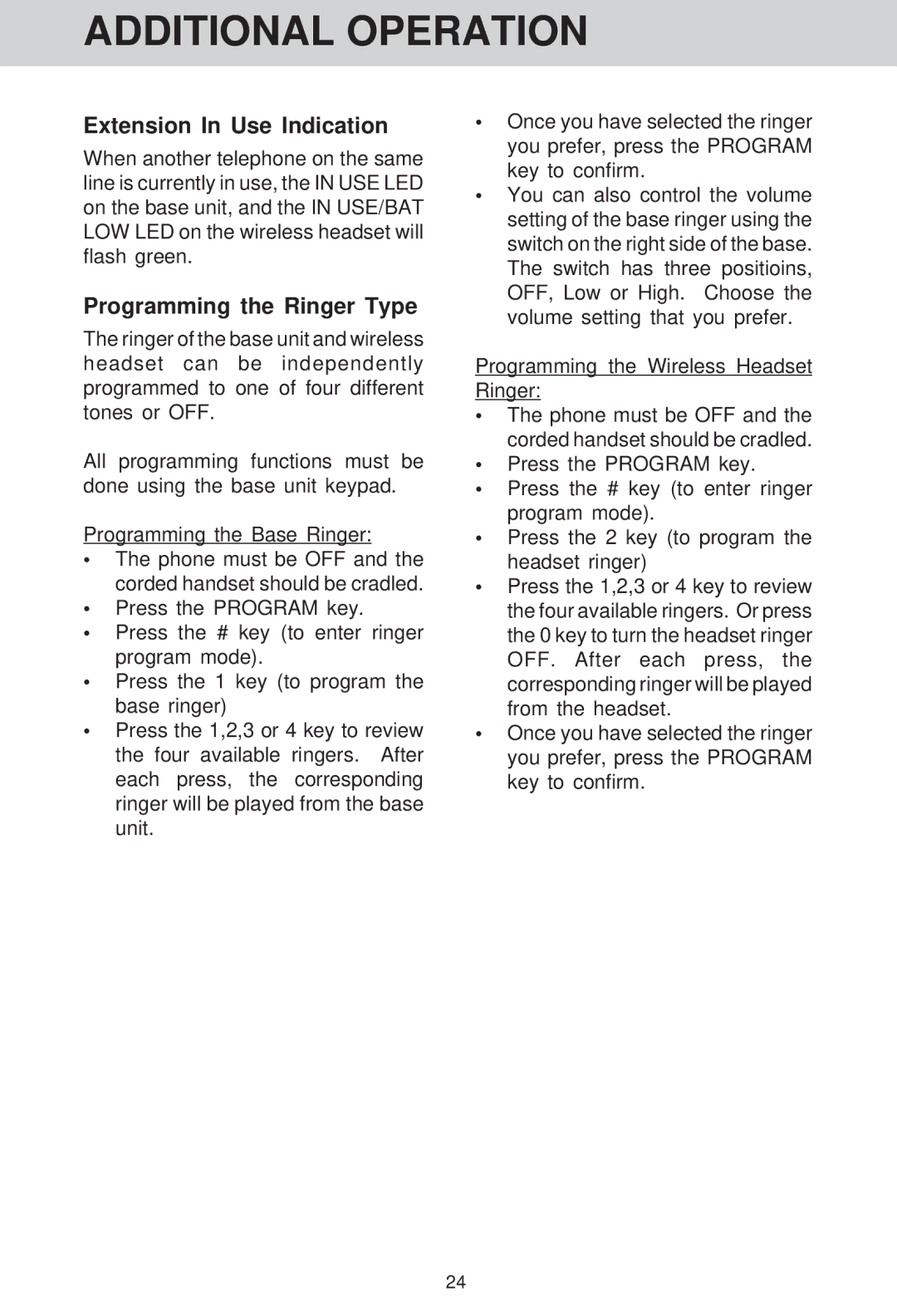 VTech VT 1511 manual Extension In Use Indication, Programming the Ringer Type 