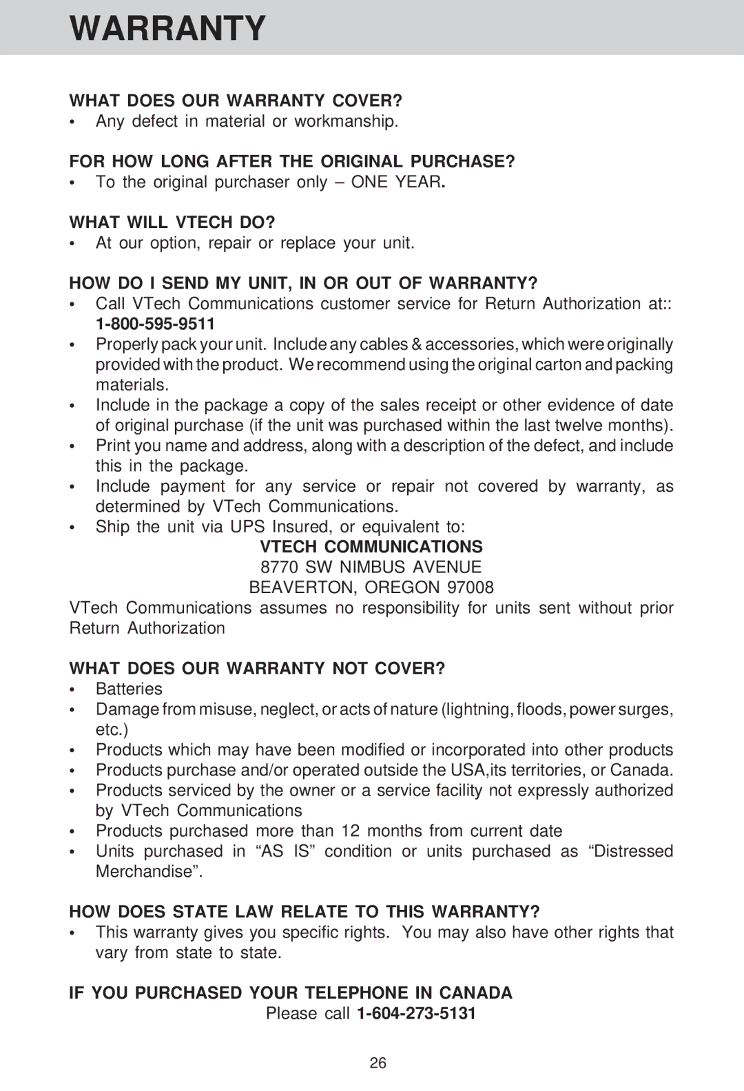 VTech VT 1511 manual Warranty, HOW do I Send MY UNIT, in or OUT of WARRANTY? 