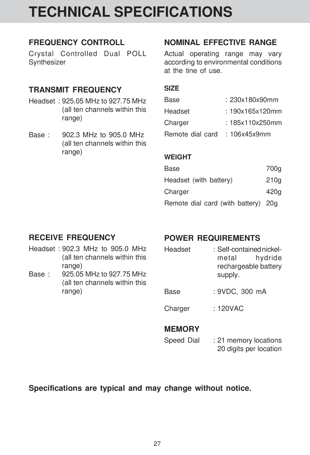 VTech VT 1511 manual Technical Specifications, Specifications are typical and may change without notice 