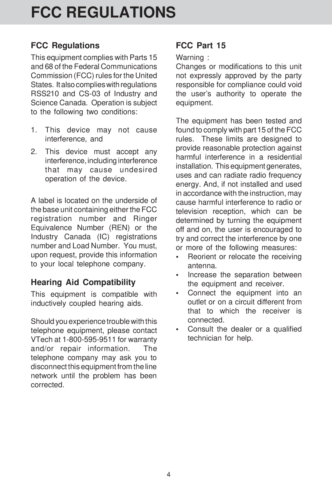 VTech VT 1511 manual FCC Regulations, Hearing Aid Compatibility, FCC Part 