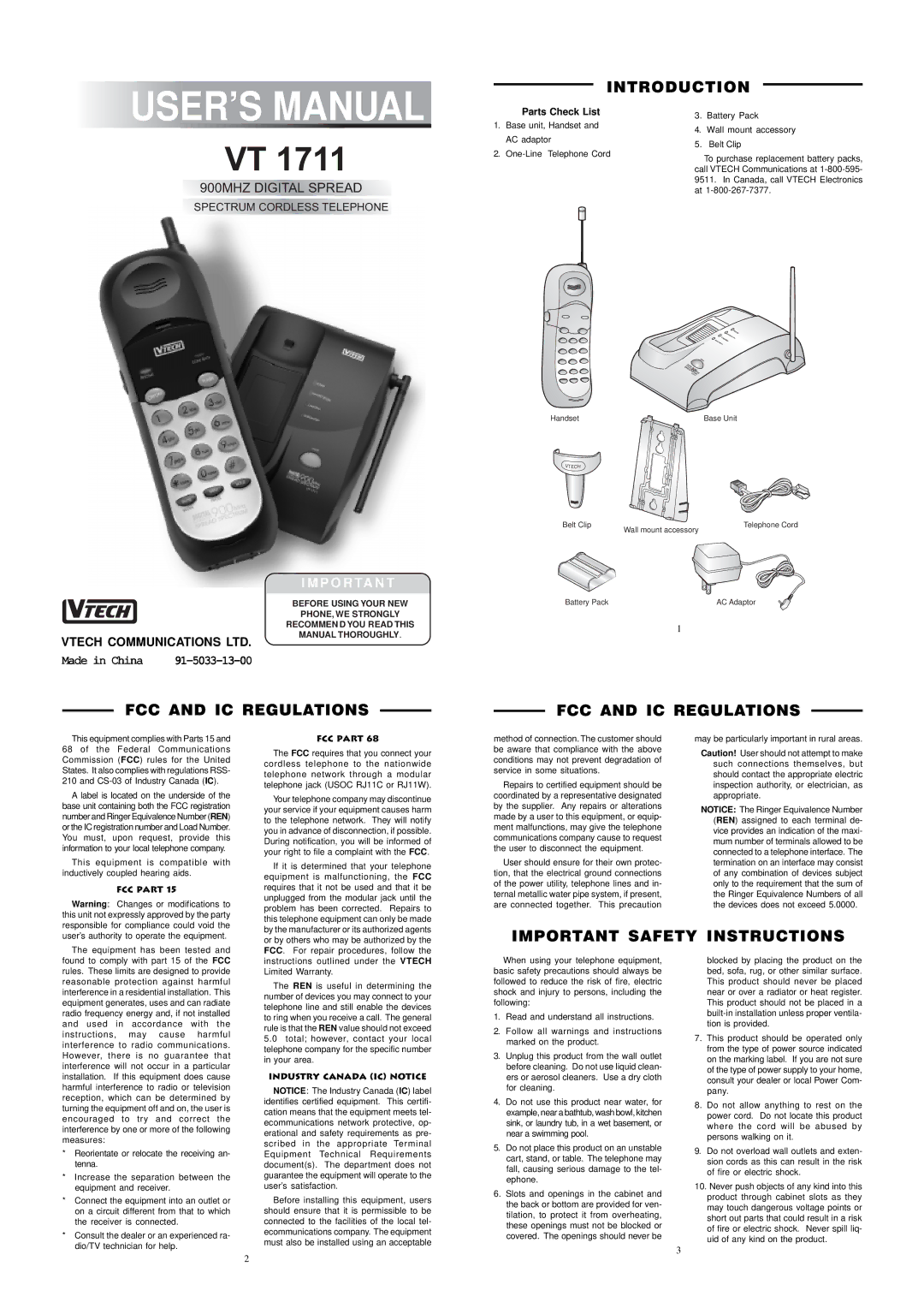 VTech VT 1711 important safety instructions Introduction, FCC and IC Regulations, Important Safety Instructions 