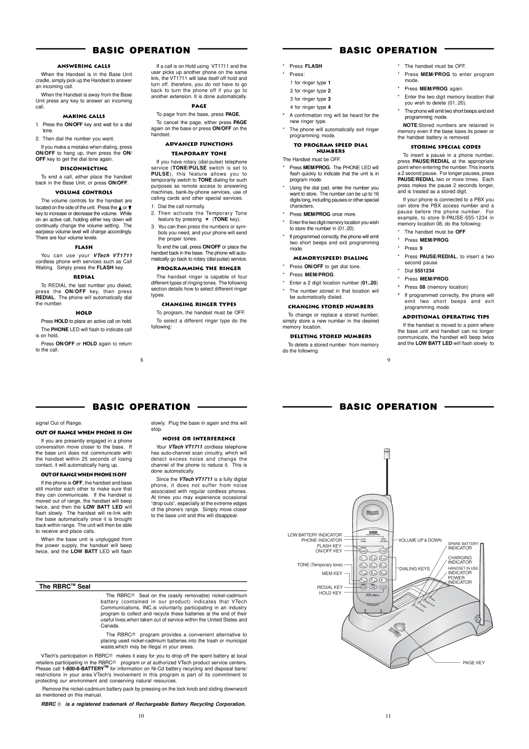 VTech VT 1711 important safety instructions Basic Operation 