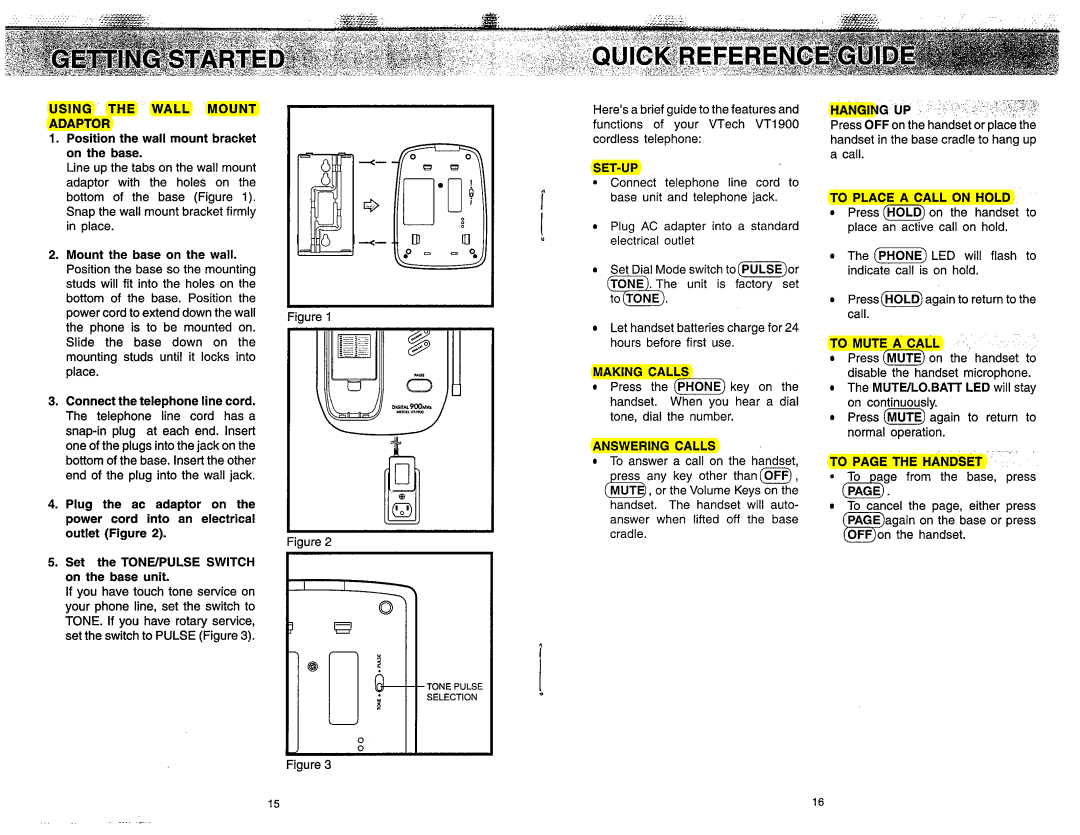 VTech VT 1900 manual Using the Wall Mount Adaptor, Set-Up, Making Calls, Answering Calls, HANG1, To Place a Call on Hold 
