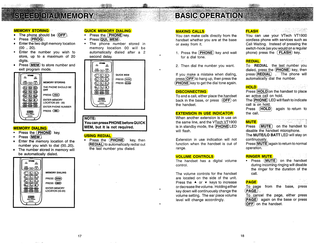 VTech VT 1900 Quick Memory Dialing, Flash, Using Redial, Disconnecting, Extension in USE Indicator, Volume Controls 