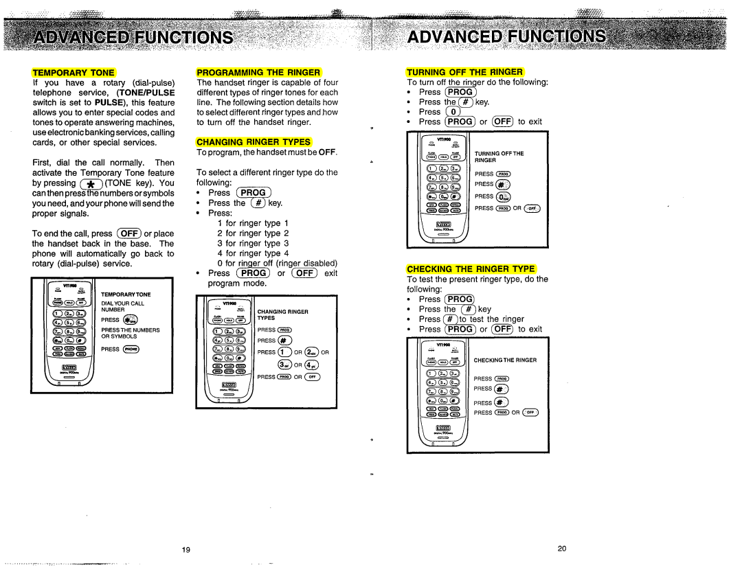 VTech VT 1900 manual Temporary Tone, Changing Ringer Types, Turning OFF the Ringer, Press he key 